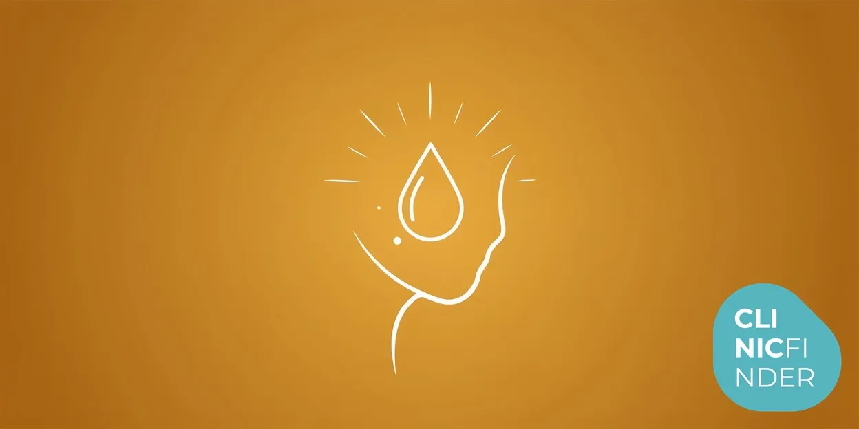 White line-art illustration of a dewy water droplet resting within an abstract facial contour with soft radiating glow lines, symbolising hydration and skin-quality boosting