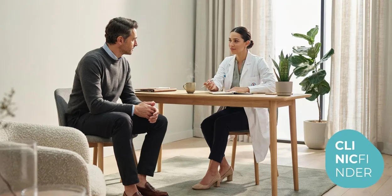 A man in his forties talking with a clinician across a desk in a calm consultation room, discussing a long-term weight management plan