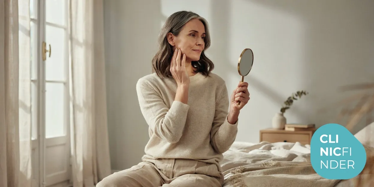 A woman gently assessing her cheek and jawline in a small hand mirror in soft daylight, reflecting facial changes after significant weight loss