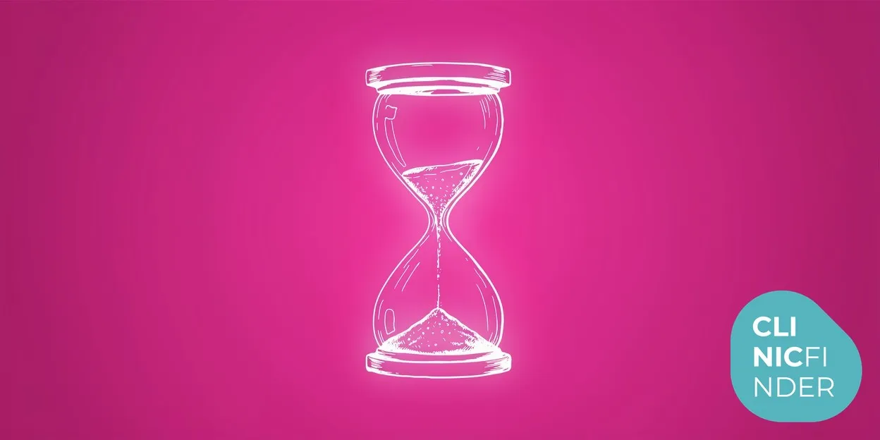 White line-art illustration of an hourglass, symbolising the passage of time and weight changes after stopping weight loss injections
