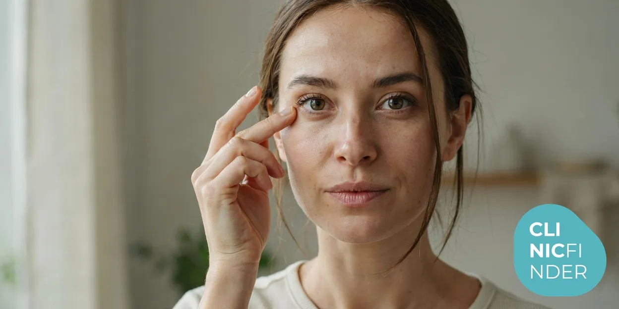 A woman in soft daylight gently resting her fingertips just below one eye as she studies the delicate under-eye area