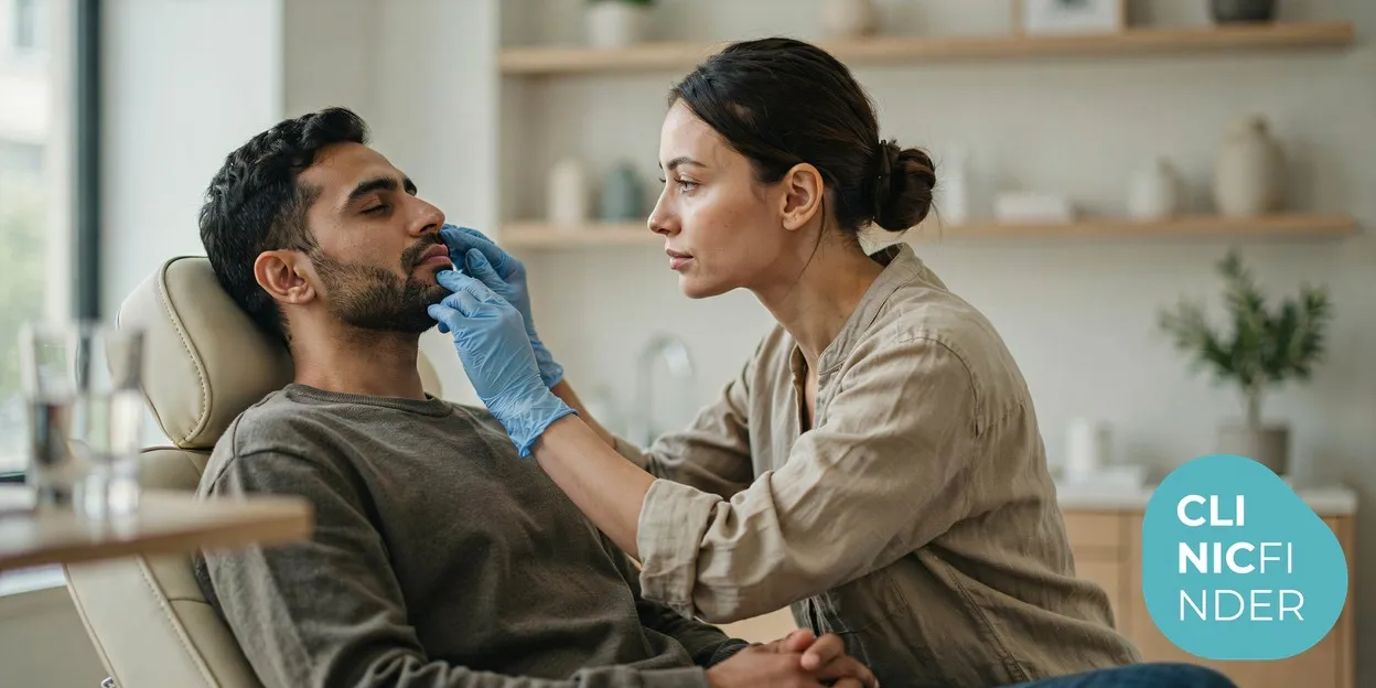 A gloved practitioner gently assessing the under-eye and cheek area of a calm reclining client during a consultation