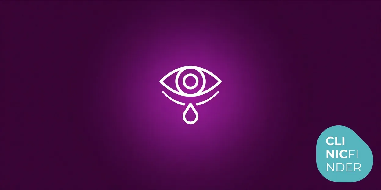 White line-art illustration of an eye with a softly shaded under-eye hollow and a single droplet, symbolising tear trough filler for under-eye hollows