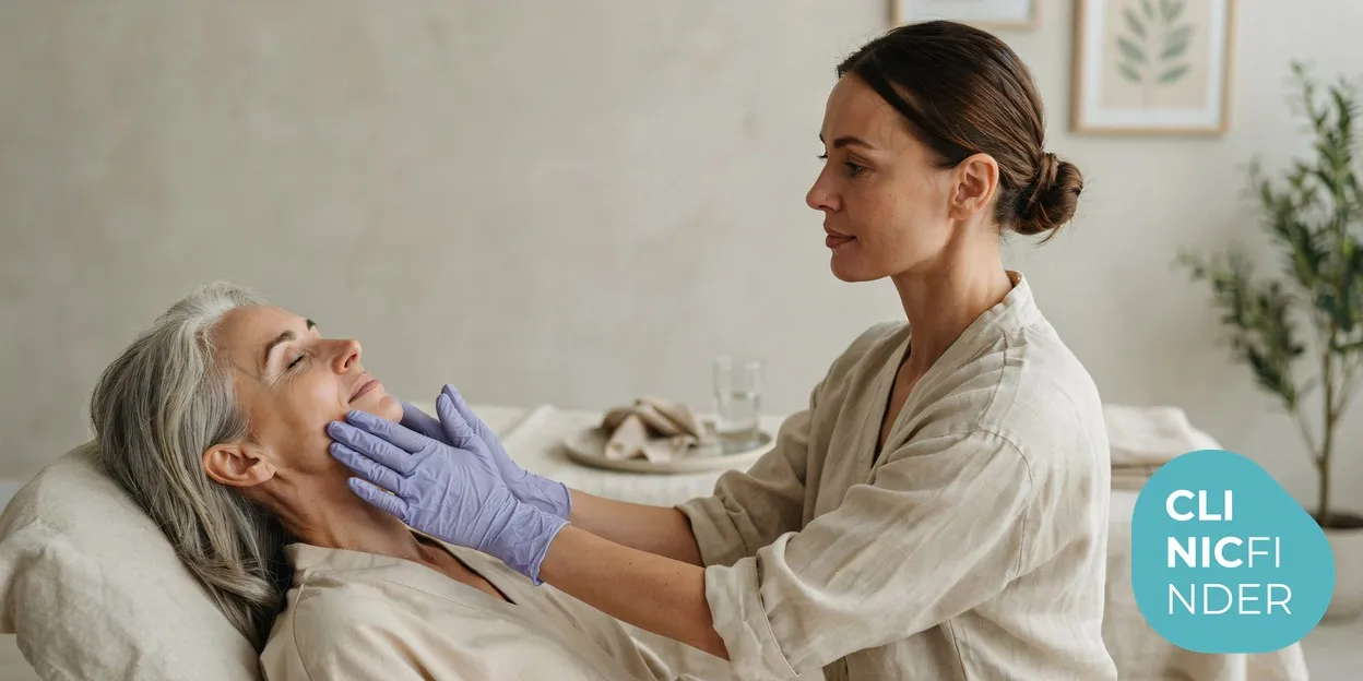 A clinician gently drawing a reclining client’s lower-face and jowl tissue upward and back with both gloved hands, demonstrating how a thread lift repositions sagging tissue