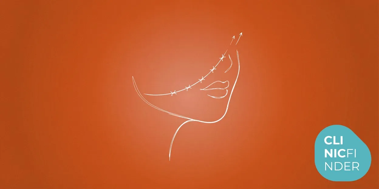 White line-art illustration of a fine barbed cosmetic thread curving upward to lift a simple abstract jawline contour, symbolising a non-surgical thread lift