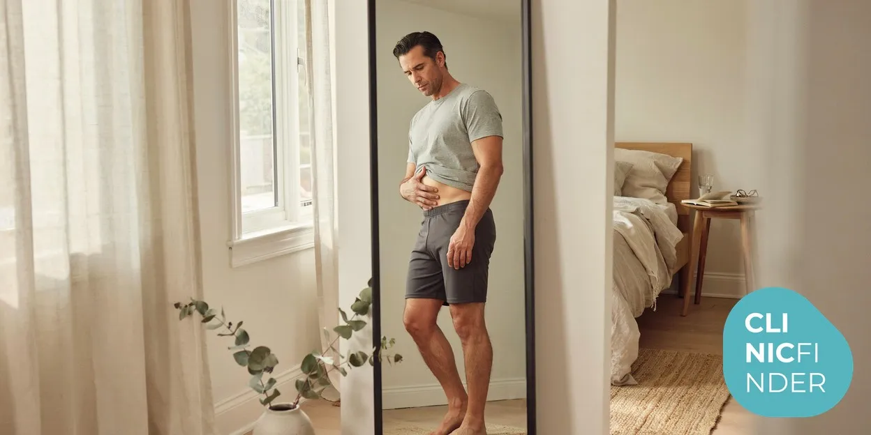 A man standing side-on in front of a full-length mirror, assessing the fat around his midriff and flanks in soft daylight