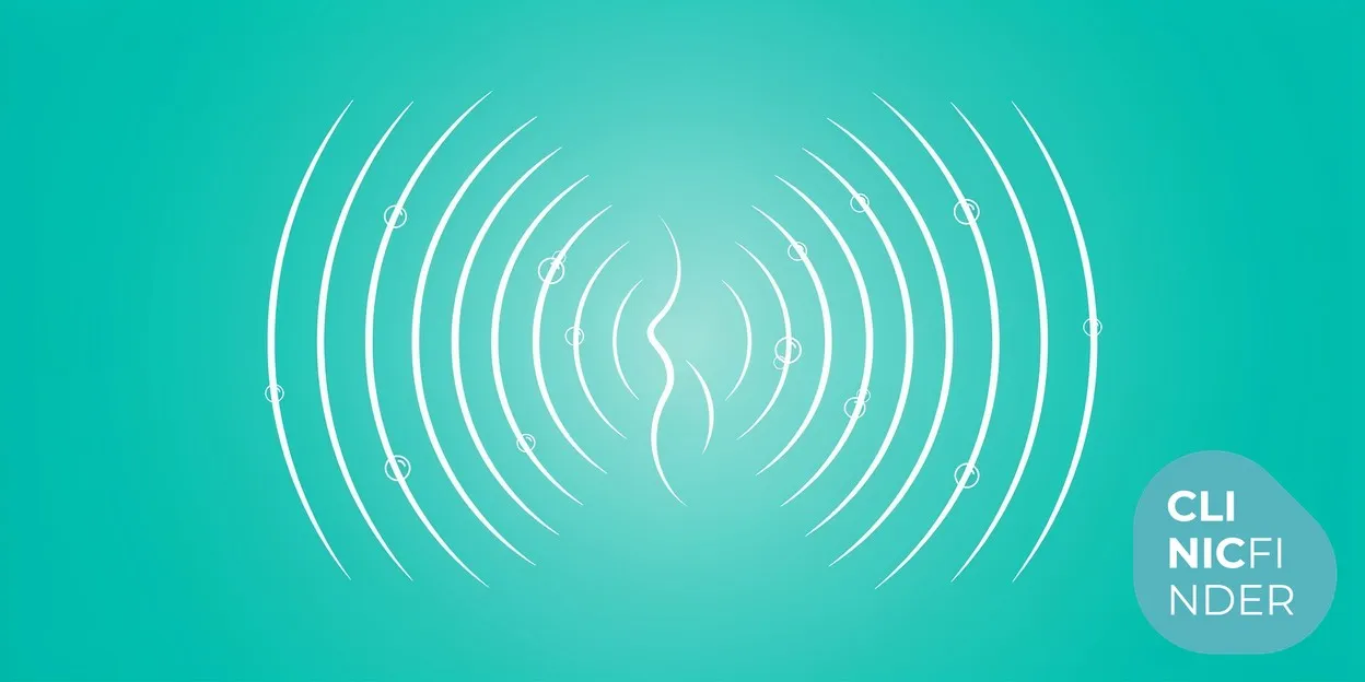 White line-art illustration of concentric ultrasound sound waves and small bubbles radiating over a smooth abstract body contour, symbolising ultrasonic cavitation