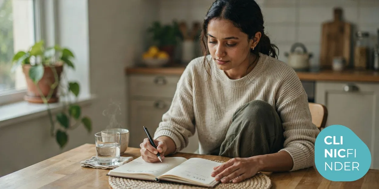 A woman writing in a wellness journal at a sunlit kitchen table with a glass of water, tracking her weekly progress and how she feels