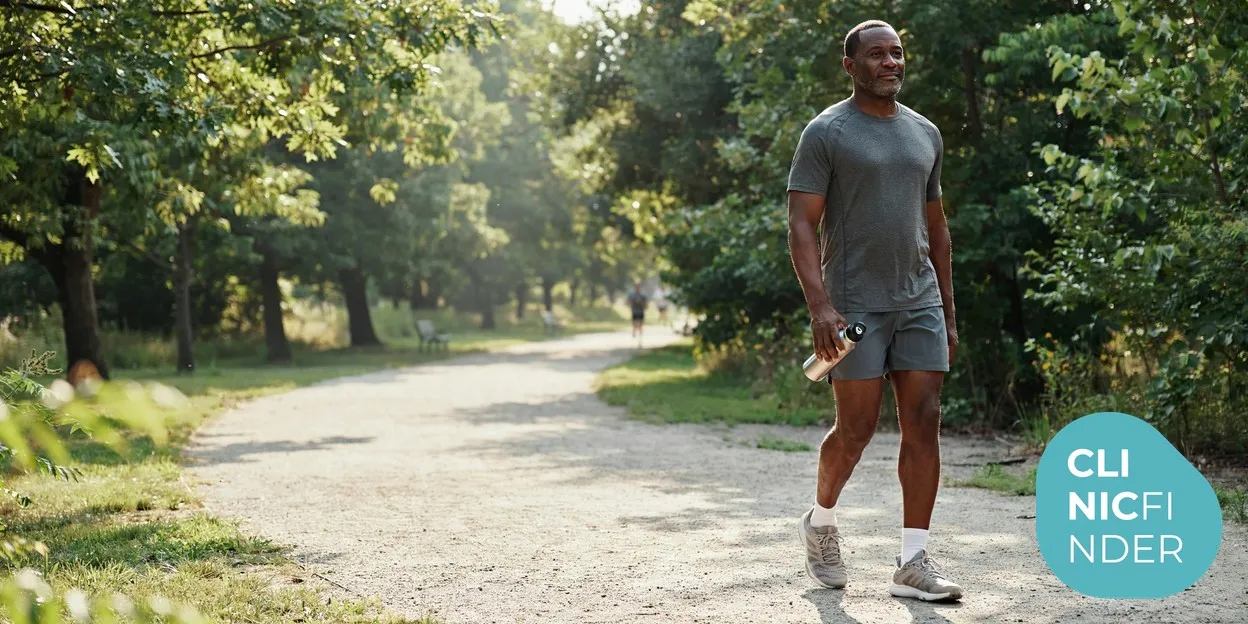 A man walking at an easy pace along a tree-lined path on a bright morning, staying active and hydrated with a water bottle in hand