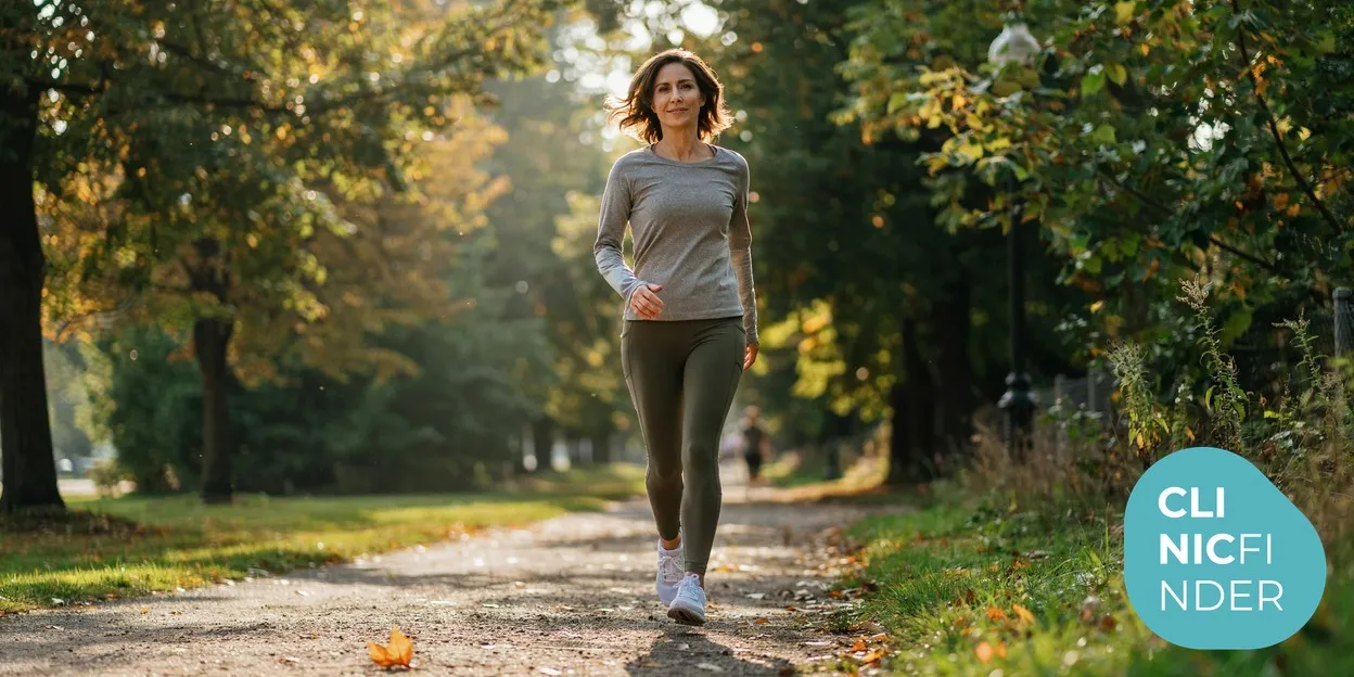 A woman in her forties walking briskly along a tree-lined path in soft daylight, illustrating the sustainable lifestyle that supports weight loss from any route