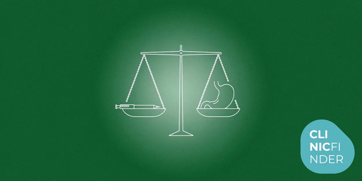 White line-art illustration of a set of balancing scales weighing a syringe against a surgical route, symbolising the choice between weight-loss injections and surgery