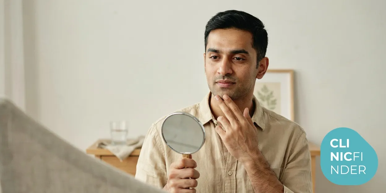 A man examining his jawline and under-chin area in a hand mirror in soft daylight, considering treatment for a double chin