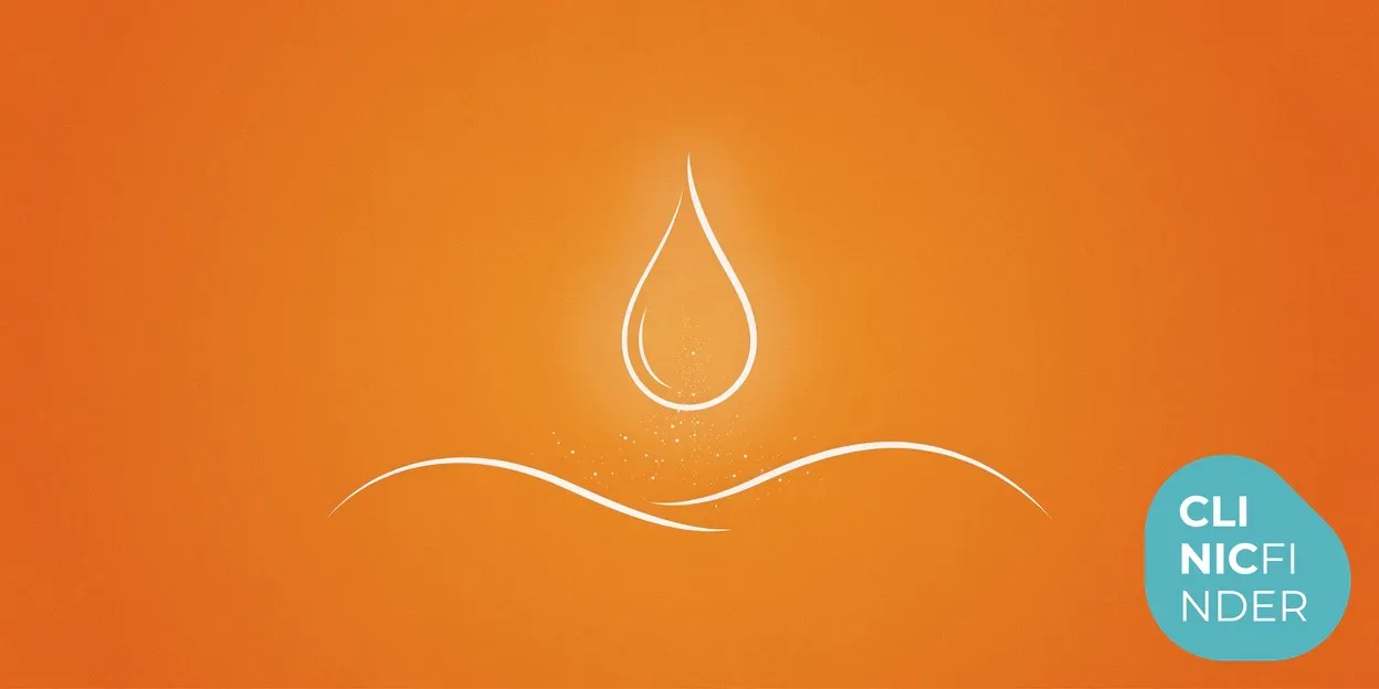 White line-art illustration of a single liquid droplet dissolving into fine dispersing particles above a smooth abstract body contour, symbolising injectable fat dissolving