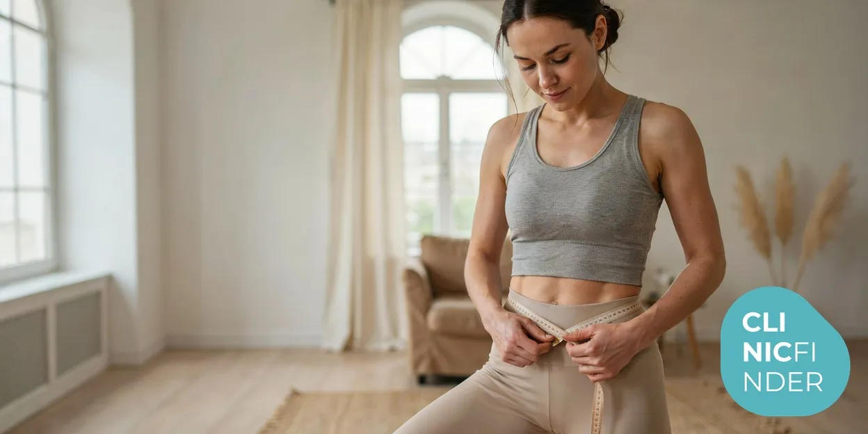A smiling woman measuring her waistline with a soft tape measure in a bright room, reflecting the inch-loss goal of body contouring