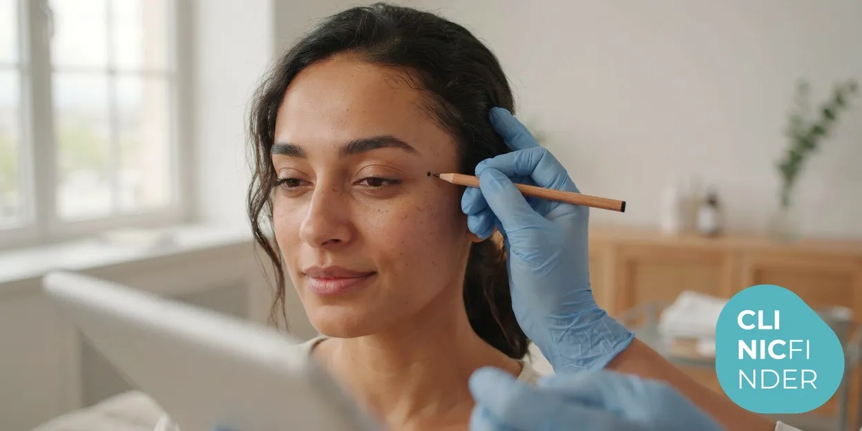 A gloved practitioner gently marking assessment points on a woman’s cheek during a mesotherapy skin consultation in soft natural daylight