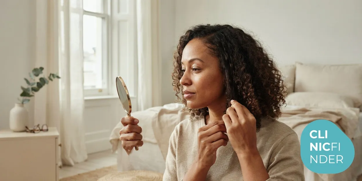 A woman parting her hair to check her scalp in a mirror, reflecting mesotherapy’s use for thinning hair