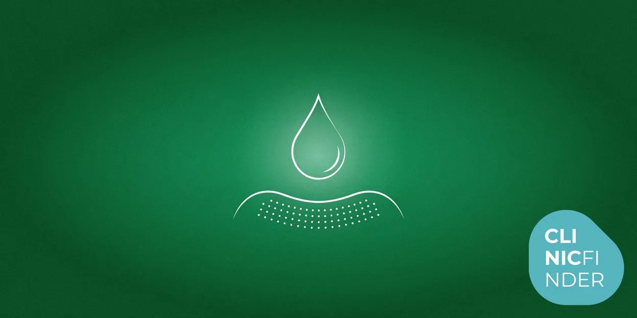 White line-art illustration of a single droplet above an abstract patch of skin marked with a neat grid of tiny injection points, symbolising mesotherapy micro-injections
