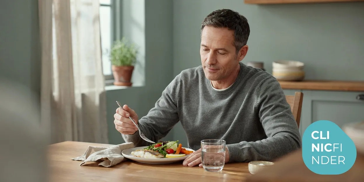 A man eating a small, balanced plated meal at a sunlit kitchen table, reflecting the reduced appetite and smaller portions many people describe on GLP-1 medicines