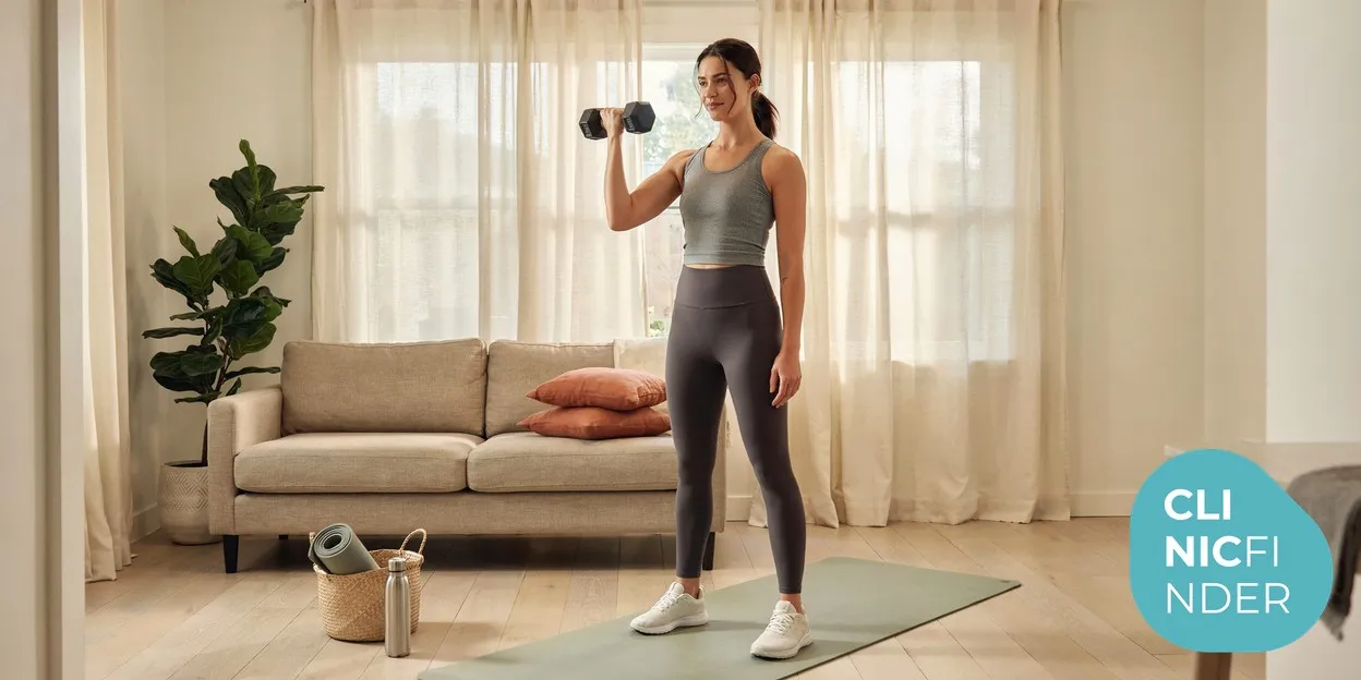 A woman in activewear doing light dumbbell resistance training at home in soft daylight, reflecting advice to protect muscle during rapid weight loss