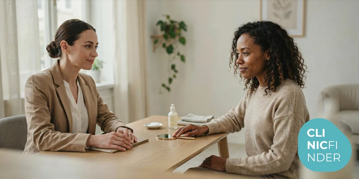 An aesthetic practitioner and a client in a calm consultation discussing a skin treatment plan across a bright clinic desk