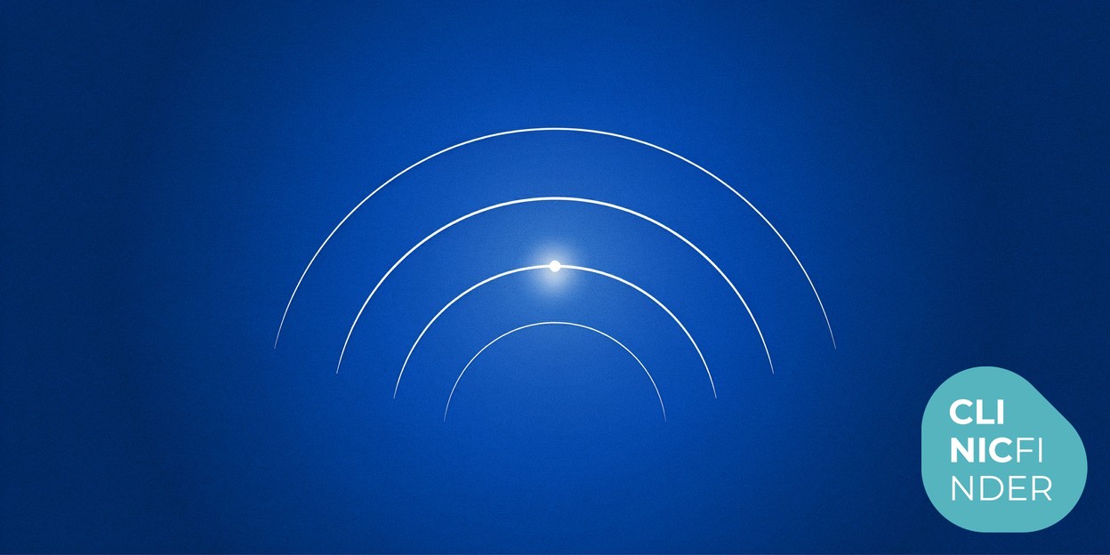 White line-art illustration of focused ultrasound waves converging to a single bright point beneath a smooth abstract body contour, symbolising HIFU fat reduction and skin tightening