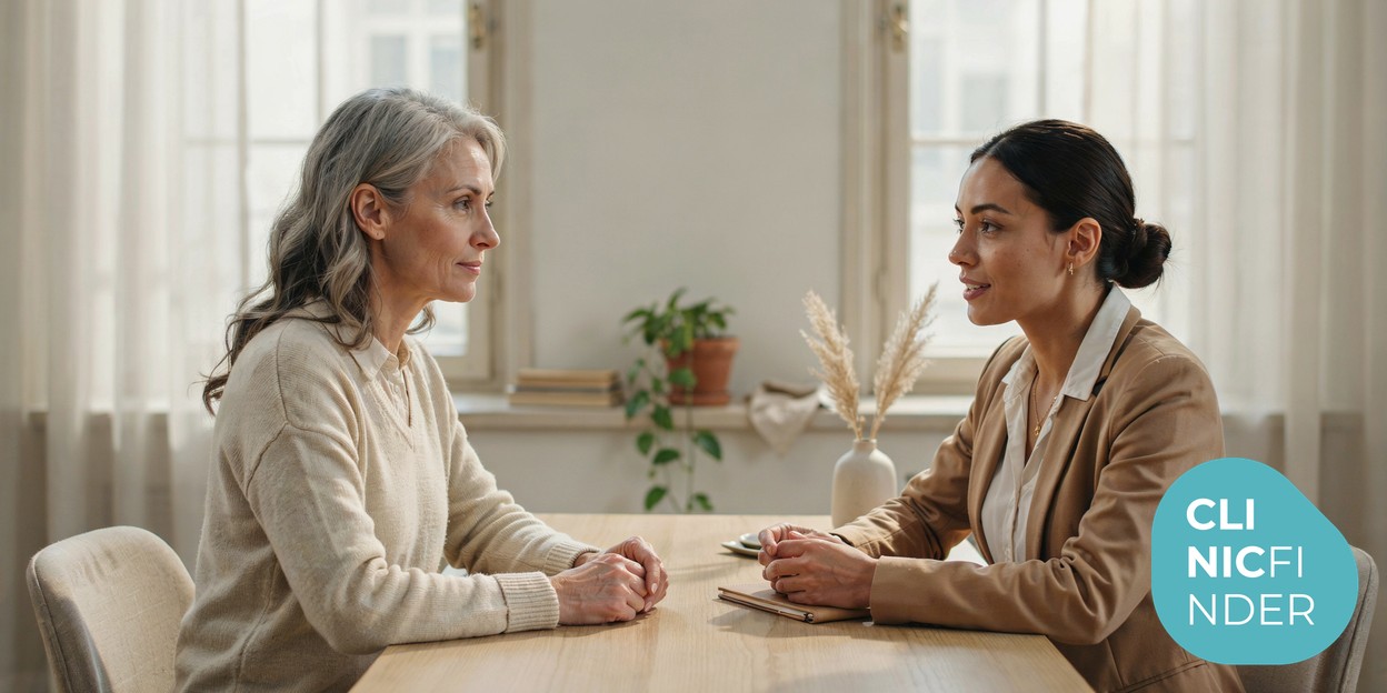 A calm consultation between a mature woman and a female clinician across a bright desk, discussing facial treatment options in natural light