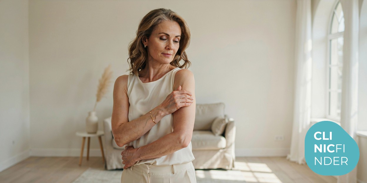 A mature woman in a bright room gently smoothing the skin on her upper arm, considering treatment for mild skin laxity