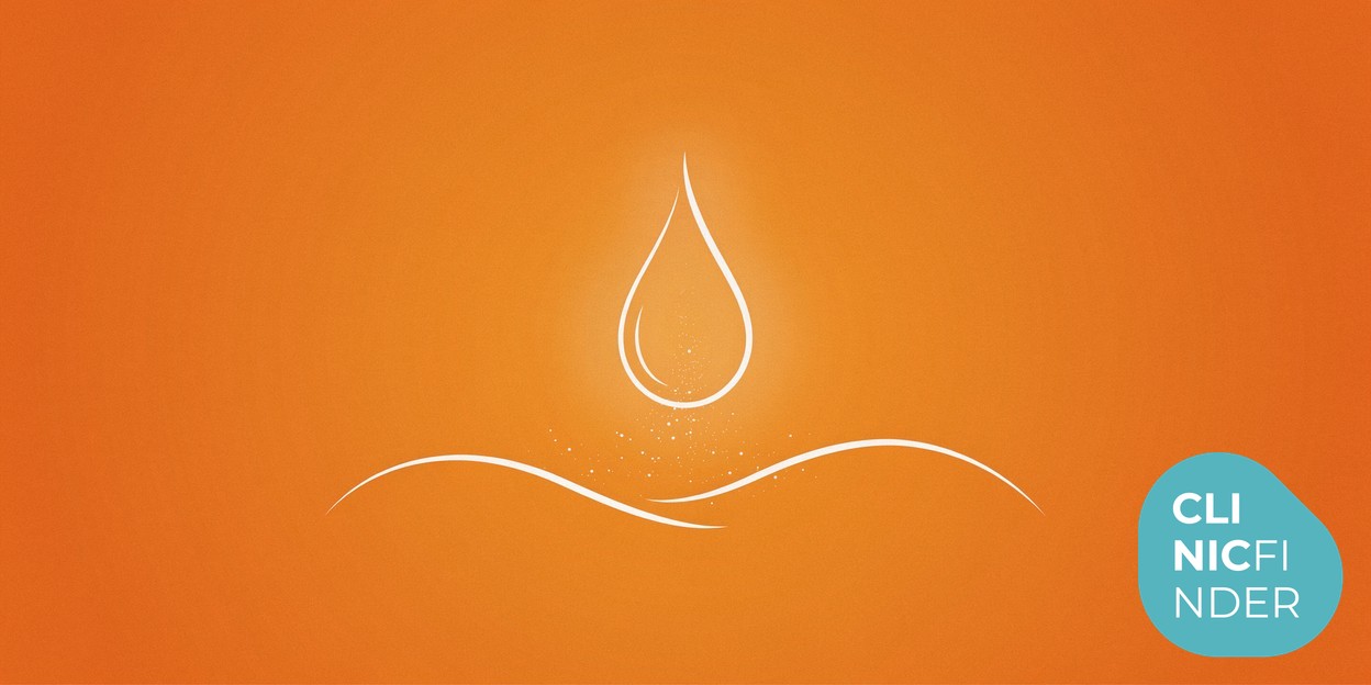 White line-art illustration of a single liquid droplet dissolving into fine dispersing particles above a smooth abstract body contour, symbolising injectable fat dissolving