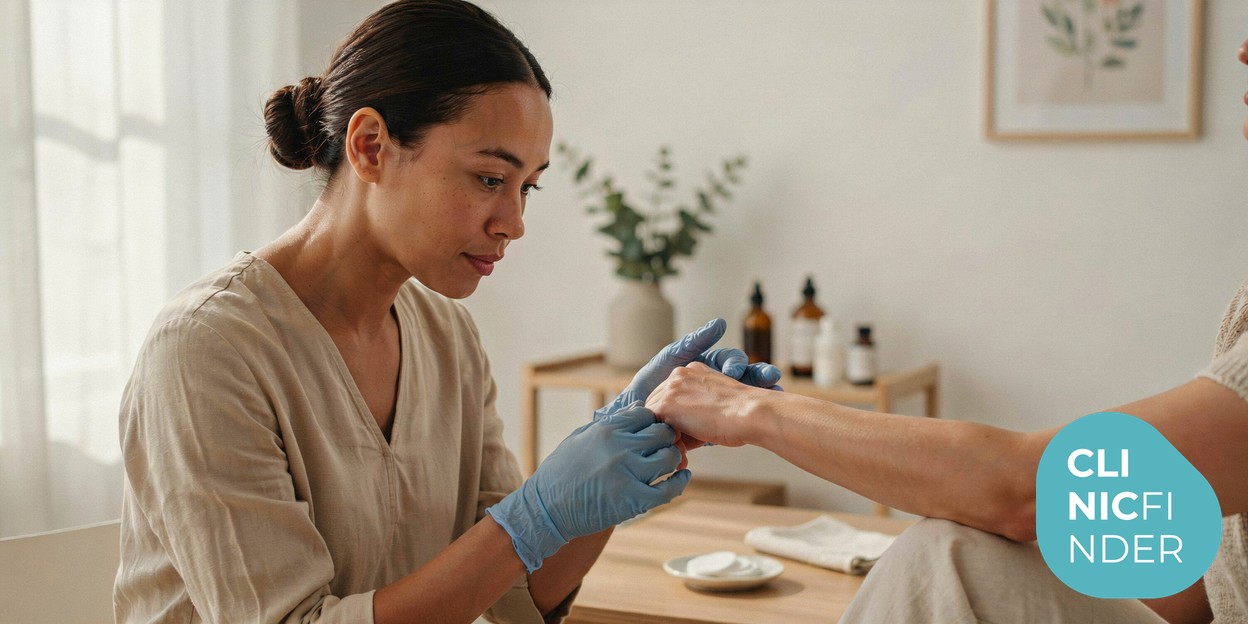 Practitioner wearing gloves examining a patient’s skin ahead of a laser hair removal patch test