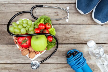 Top View of Stethoscope Organic Vegetables and